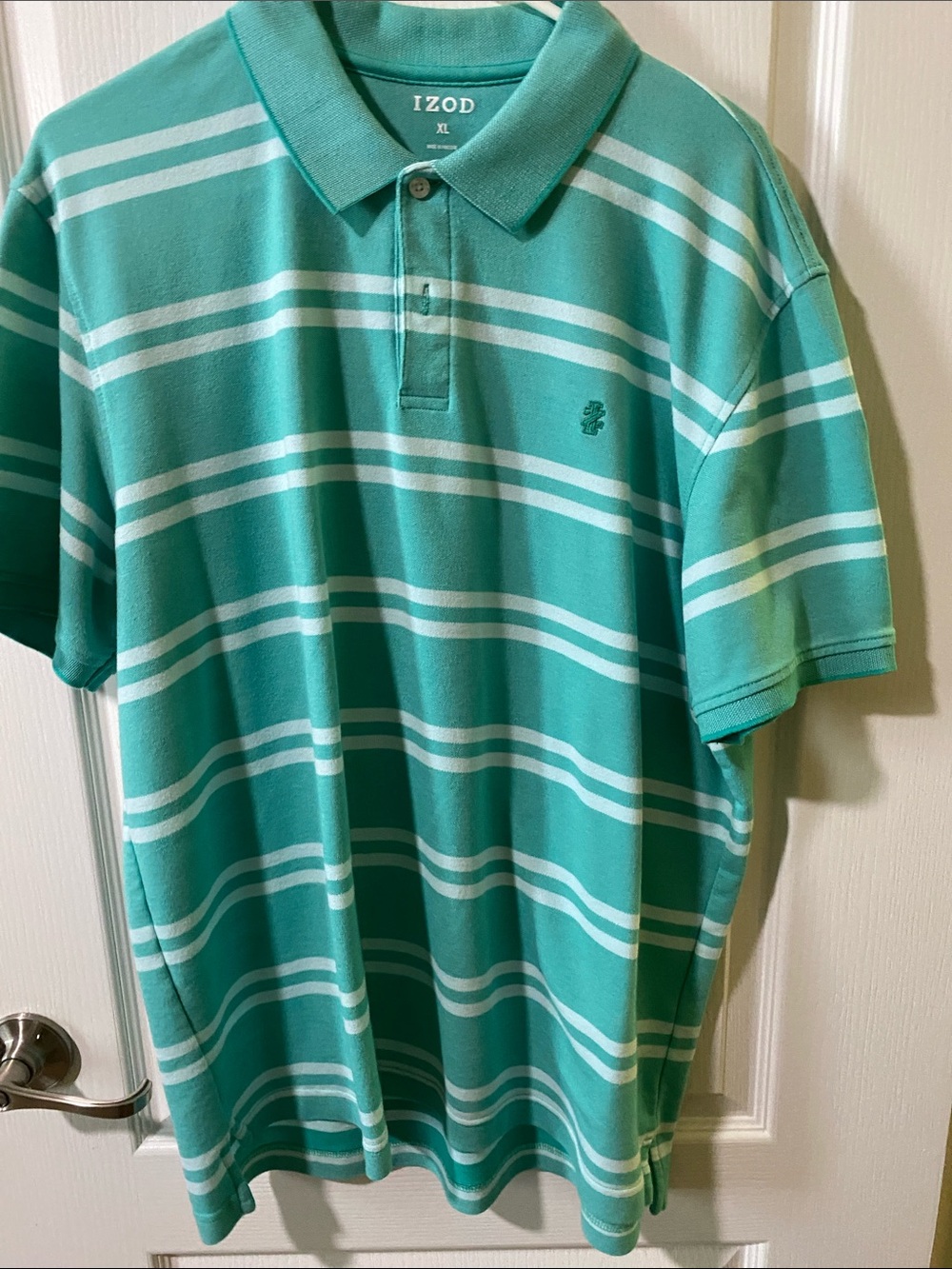 Izod Men's Teal and White Striped Polo